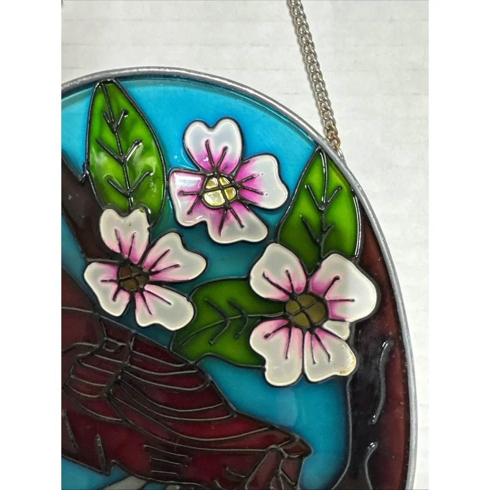 Red Cardinal Bird & White Flowers Small Oval Stained Glass Suncatcher 7.5x5.5
